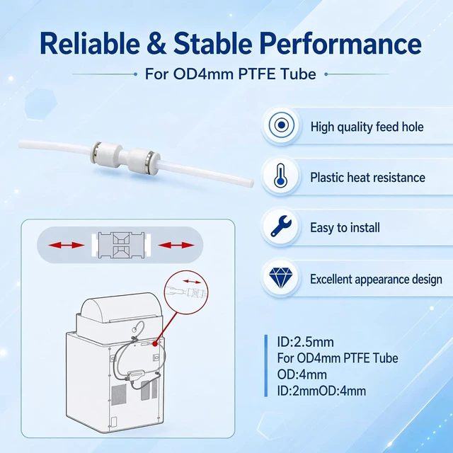 Alt view image 5 of 7 - 8 PCS PTFE Tube Connector for Flashforge Creator 5/C5,PU4 Bowden Tube Coupler Male Straight Pushin Filament Feed Adapter,360° Rotatable LeakProof for Bambu Lab A1 P2S P1P P1S X1 X1C H2 Series