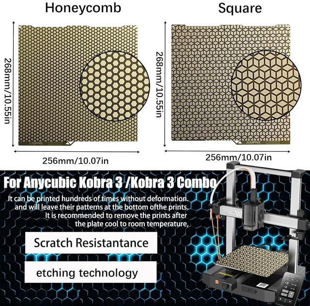 Alt view image 2 of 6 - 256x268 PEI Honeycomb Build Plate for Anycubic Kobra 3/Kobra 3 V2 3D Printer, Upgraded Etching Technology Kobra 3 Build Plate,Honeycomb+Square Pattern,0.5mm Flexible Spring Steel Plate