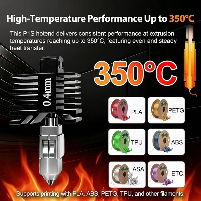 Alt view image 3 of 7 - 0.4MM for Bambu Lab P1P/P1S Hotend Kit,Integrated FullAssembly Hardened Steel Nozzle,Upgraded All-Metal 350 HighTemp LeakProof Extruder Print Head with Thermistor & Heater Cartridge