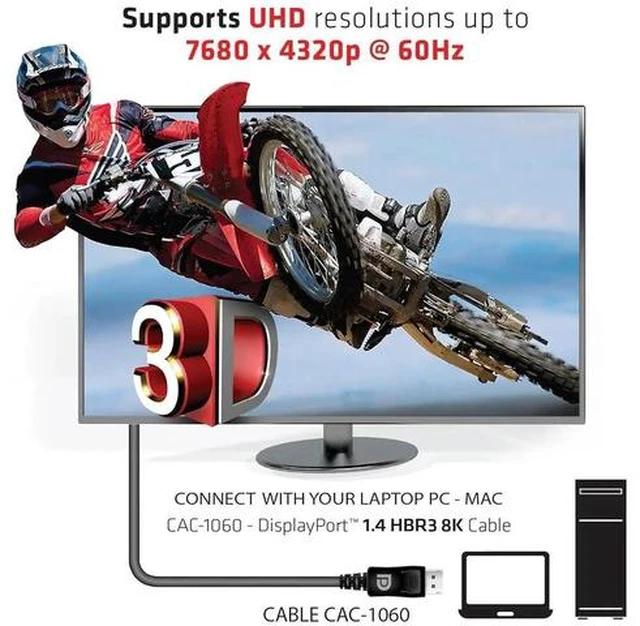 Alt view image 3 of 7 - Club3D CAC-1060 Certified DisplayPort to DisplayPort 1.4/Hbr3 M/M Cable DP 1.4 8K 60Hz 3m- 9.84ft