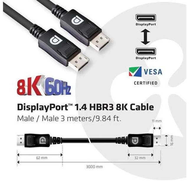 Alt view image 6 of 7 - Club3D CAC-1060 Certified DisplayPort to DisplayPort 1.4/Hbr3 M/M Cable DP 1.4 8K 60Hz 3m- 9.84ft