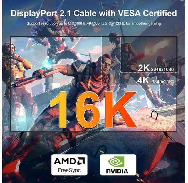 Alt view image 3 of 6 - DP 2.1 Cable 25ft DisplayPort Cable 16K 10K 8K@60Hz 4K@144Hz 2K@240Hz HBR3 Support HDR 4:4:4 / HDR 10 and HDCP 2.2 for Laptop TV Gaming Monitor (Red)