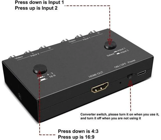 Alt view image 3 of 5 - 2 RCA to HDMI, 1080P 2 Way RCA Composite CVBS AV Switch to HDMI Video Audio Converter Adapter Supporting 4:3/16:9, for PC Laptop Xbox PS2 PS3 N64 NGC SNES WII VHS VCR Camera DVD