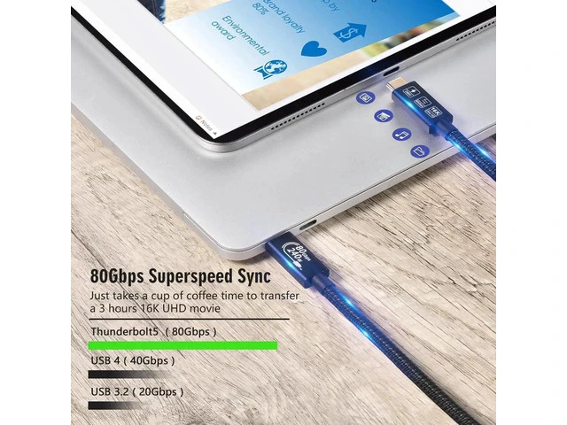Alt view image 3 of 7 - 6.6Ft Thunderbolt 5 Cable 240W Compatible with Thunderbolt 3/4/5 Devices, USB4 Cable with 80GBps Data Transmission and 16K Video Output for Thunderbolt 3/4/5, SSD, Pixel, Hub and More