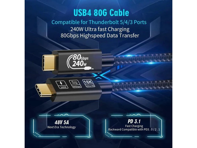 Alt view image 5 of 7 - 6.6Ft Thunderbolt 5 Cable 240W Compatible with Thunderbolt 3/4/5 Devices, USB4 Cable with 80GBps Data Transmission and 16K Video Output for Thunderbolt 3/4/5, SSD, Pixel, Hub and More
