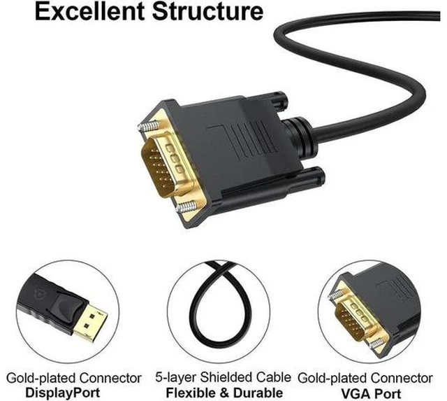 Alt view image 2 of 7 - DisplayPort to VGA Cable 6 Ft 2-Pack Display Port DP to VGA Adapter Cord Male to Male HD Video 1080P for Computer Monitor TV Projector