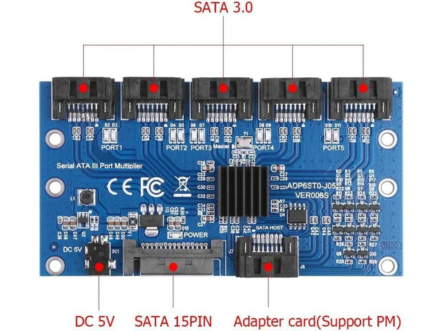 Alt view image 5 of 5 - Express SATA3.0 Expansion Card 1 to 5 Port Motherboard 6Gbps Multiplier SATA Port Riser Card Adapter for HDD Computer