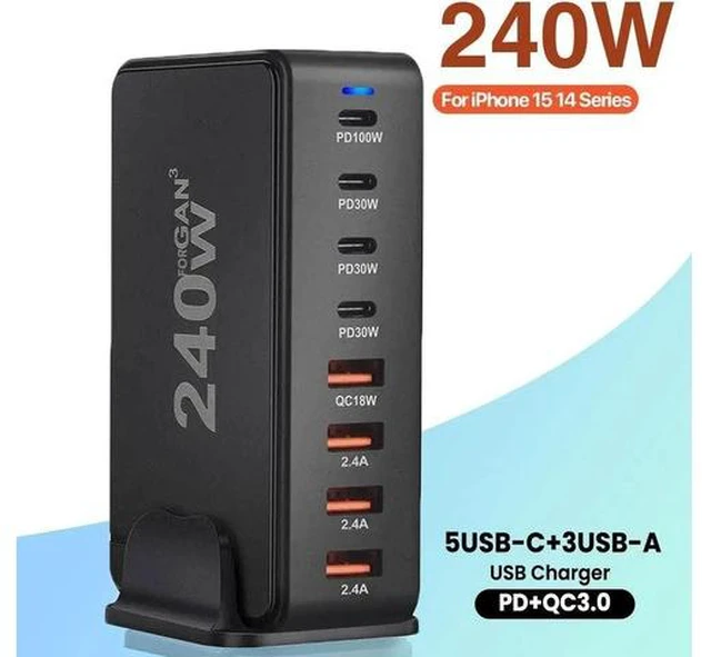 Main image of 240W USB Type C Charging Station Hub, 8 Port USB Desk Charger, 240 Watt GaN Fast Charger with Charger Power Strip Replaceable Plug Compatible for All Phones and Tablets
