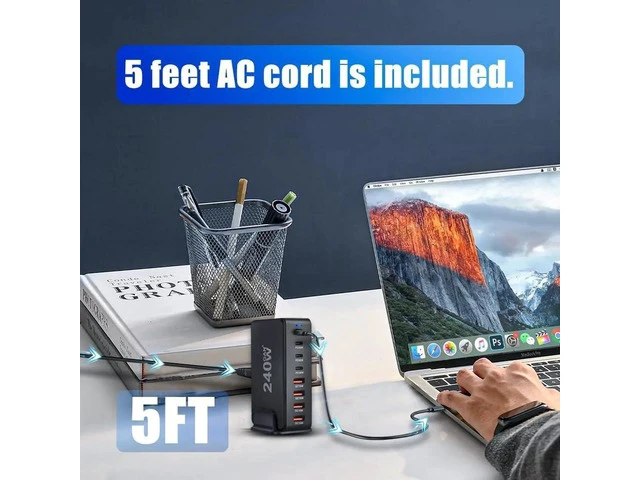 Alt view image 3 of 7 - 240W USB Type C Charging Station Hub, 8 Port USB Desk Charger, 240 Watt GaN Fast Charger with Charger Power Strip Replaceable Plug Compatible for All Phones and Tablets