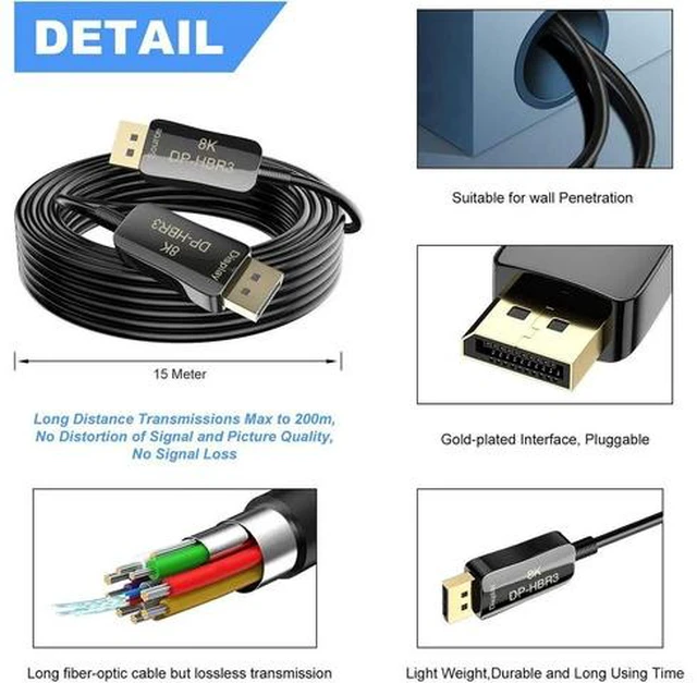 Alt view image 5 of 7 - DisplayPort 1.4 Cable 8K 60Hz, 4K 144Hz, 4K 120Hz DisplayPort to DisplayPort Cable DP 1.4 HBR3 Cord, HDR, VESA Certified, 10 Meters (33 ft) Black