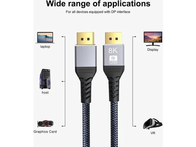 Alt view image 7 of 7 - 8K DisplayPort 1.4 Cable 33ft, 8K DP Cable 1.4 (8K@60Hz 4K@120Hz 165Hz 144Hz GSync/FreeSync) Video/Monitor Cable, Displayport to Display Port Cord Braided