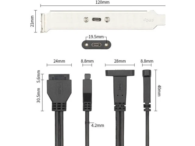 Alt view image 4 of 5 - 50cm USB 3.0 20 Pin Motherboard Header to USB Type C Female Cable with Bracket