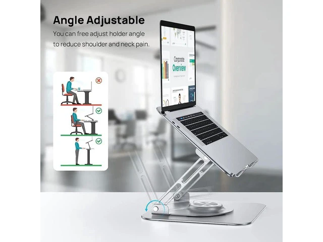Alt view image 3 of 7 - Laptop Stand, Ergonomic 360° Swivel Laptop Stand for Desk, Adjustable Metal Computer Stand, Foldable and Portable Laptop Riser Holder for MacBook, iPad Pro, 10-16" Laptops - Silver