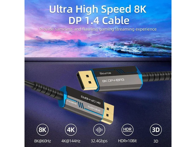 Alt view image 2 of 7 - Fiber Optic DP 1.4 DisplayPort Cable, Fiber DP1.4 Cable, 8K@60HZ, 4K@144HZ, 16ft/5m