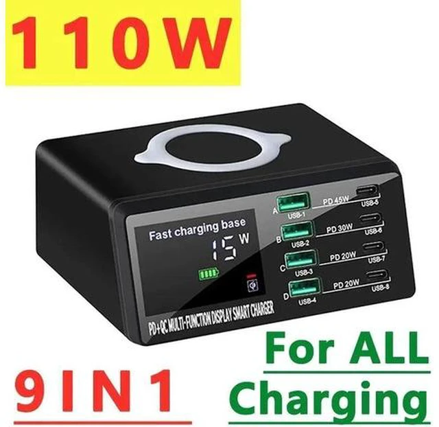 Main image of 110W Multiport USB Fast Charging Station 8 Port Travel/Portable Charger Hub USB C Charger Block with 4 USB C & QC 4 USB A and Wireless Charging for Cell Phone, Tablet, Multiple Devices