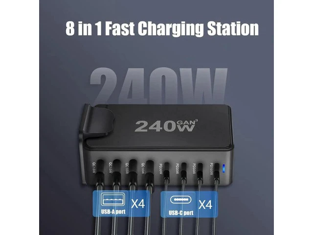 Alt view image 7 of 7 - 240W USB Type C Charging Station Hub, 8 Port USB Desk Charger, 240 Watt GaN Fast Charger with Charger Power Strip Replaceable Plug Compatible for All Phones and Tablets