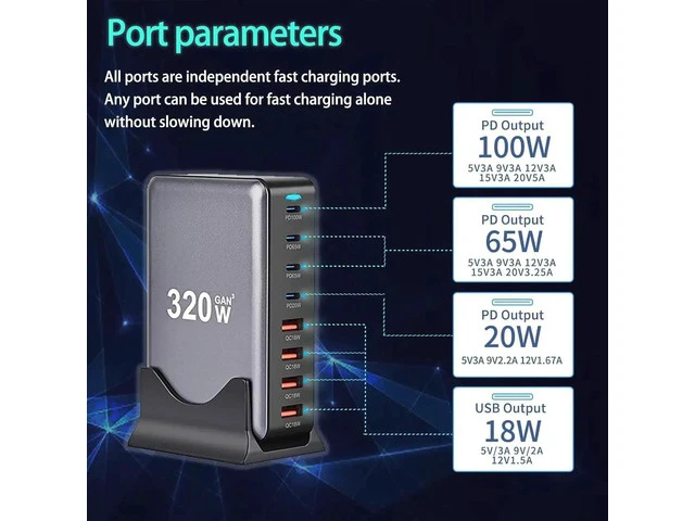 Alt view image 7 of 7 - 320W USB Type C Charging Station Hub, 8-Port USB Desk Charger, 320 Watt GaN III Fast Charger GaN Tech Laptop USB C Power Adapter Block Compatible for All Phones and Tablets