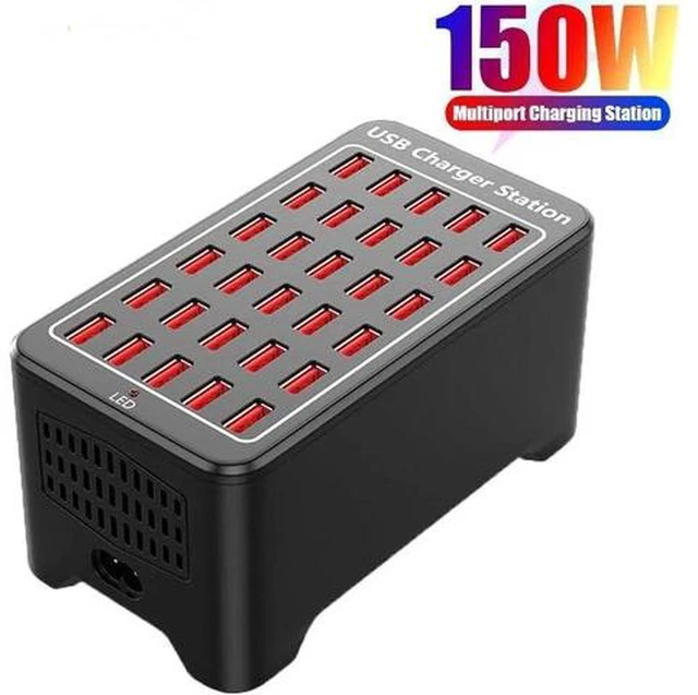 Main image of 30-Port 150W (30 A) USB Charging Station, Home-Sized Desktop USB Fast Charger, Multiple USB Desktop Chargers for Hotels, Schools, Shops, Shopping malls and Travel - Black