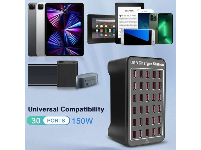Alt view image 4 of 7 - 30-Port 150W (30 A) USB Charging Station, Home-Sized Desktop USB Fast Charger, Multiple USB Desktop Chargers for Hotels, Schools, Shops, Shopping malls and Travel - Black
