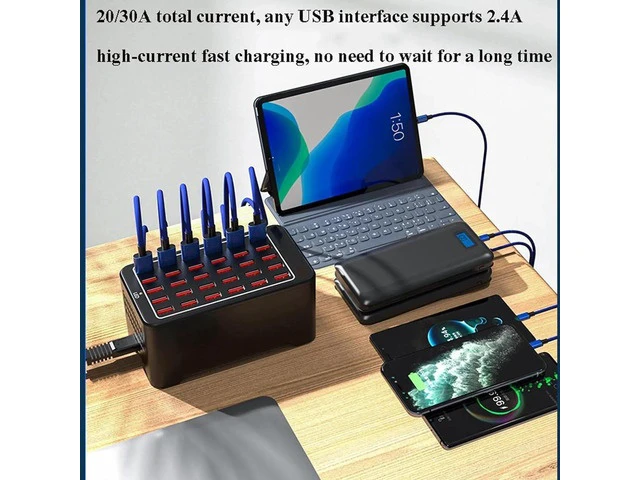 Alt view image 2 of 7 - 30-Port 150W (30 A) USB Charging Station, Home-Sized Desktop USB Fast Charger, Multiple USB Desktop Chargers for Hotels, Schools, Shops, Shopping malls and Travel - Black