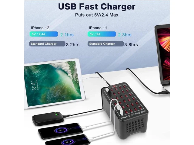 Alt view image 5 of 7 - 30-Port 150W (30 A) USB Charging Station, Home-Sized Desktop USB Fast Charger, Multiple USB Desktop Chargers for Hotels, Schools, Shops, Shopping malls and Travel - Black