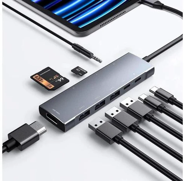 Main image of USB C Hub 9-in-1 Adapter for iPad Pro iPad Pro M4 M2 M1 13 12.9 11-inch iPad Air 5 4 Docking Station with 4K HDMI, USB-C PD, SD/TF Card Reader, USB 3.0, 3.5mm Headphone Jack, Type C Data, iPad Mini 6