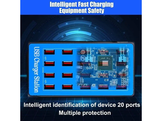 Alt view image 2 of 7 - 20-Port 100W (20 A) USB Charging Station, Home-Sized Desktop USB Fast Charger, Multiple USB Desktop Chargers for Hotels, Schools, Shops, Shopping malls and Travel