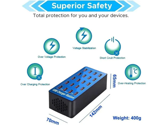Alt view image 5 of 7 - 20-Port 100W (20 A) USB Charging Station, Home-Sized Desktop USB Fast Charger, Multiple USB Desktop Chargers for Hotels, Schools, Shops, Shopping malls and Travel