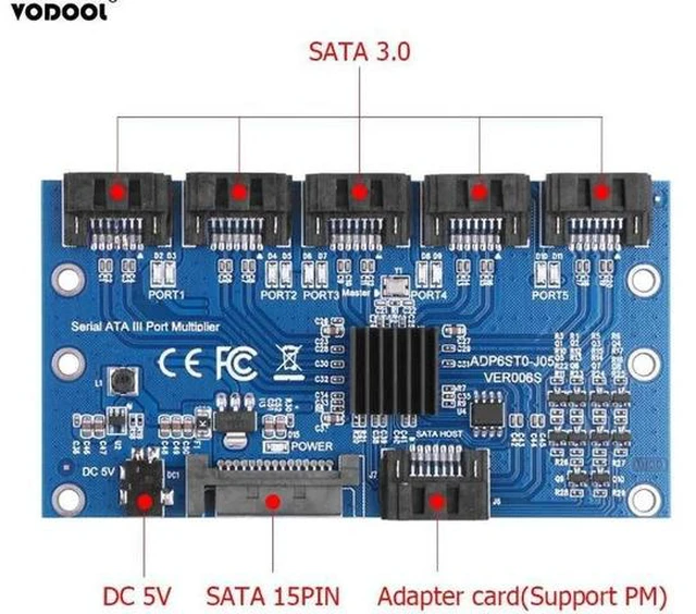 Alt view image 5 of 5 - SATA Expansion Card 1 to 5 Port SATA3.0 Controller Card Motherboard 6Gbps SATA Port Riser Card Adapter for Computer