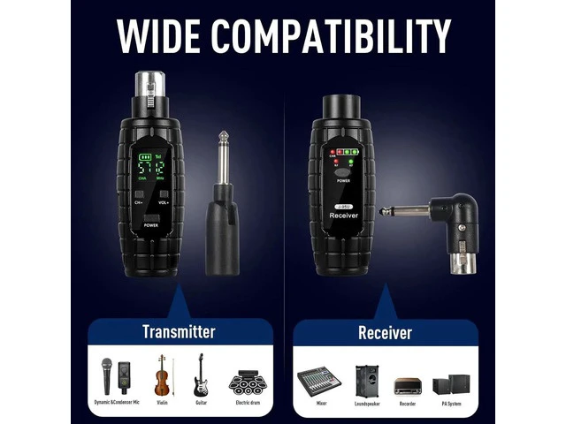 Alt view image 2 of 6 - UHF Wireless Microphone System, Transmitter and Receiver XLR Adapter for Dynamic Microphones, Guitars, Mixers, PA Systems, 16 Adjustable Frequencies, USB Rechargeable, 250ft Range