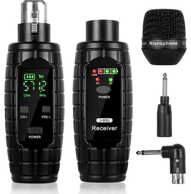 Main image of UHF Wireless Microphone System, Transmitter and Receiver XLR Adapter for Dynamic Microphones, Guitars, Mixers, PA Systems, 16 Adjustable Frequencies, USB Rechargeable, 250ft Range