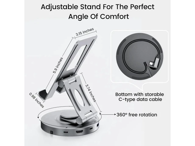 Alt view image 3 of 7 - USB C Hub for Ipad Pro Docking Station, 8-in-1 Swivel Folding Type-C Tablet Holder with 4k HDMI, USB C 3.0 Data Port, 2*USB A 3.0,100W PD Charging, 3.5mm Auxiliary for Ipad Pro/Phone 15/Galaxy Tab
