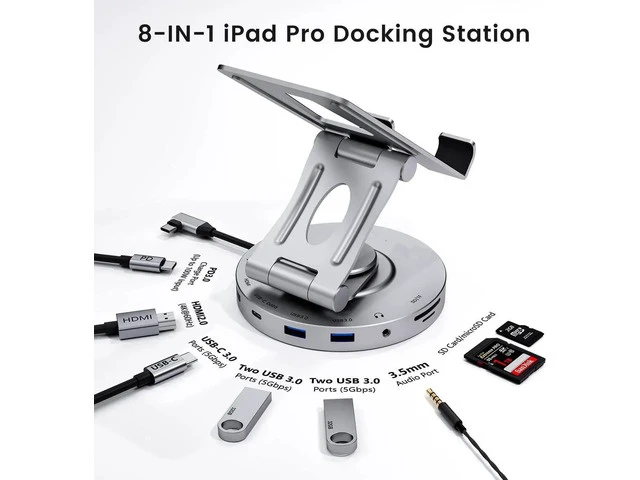 Alt view image 5 of 7 - USB C Hub for Ipad Pro Docking Station, 8-in-1 Swivel Folding Type-C Tablet Holder with 4k HDMI, USB C 3.0 Data Port, 2*USB A 3.0,100W PD Charging, 3.5mm Auxiliary for Ipad Pro/Phone 15/Galaxy Tab