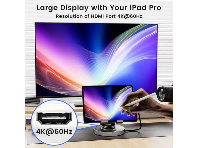 Alt view image 6 of 7 - USB C Hub for Ipad Pro Docking Station, 8-in-1 Swivel Folding Type-C Tablet Holder with 4k HDMI, USB C 3.0 Data Port, 2*USB A 3.0,100W PD Charging, 3.5mm Auxiliary for Ipad Pro/Phone 15/Galaxy Tab