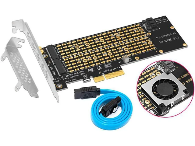 Alt view image 4 of 4 - M.2 NVMe Adapter SSD to PCIe Card Key M + Key B with Fan SATA Cable PCIE to M2 Adapter Supports 2230 2242 2260 2280 22110