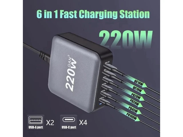 Alt view image 5 of 7 - 6-Prots USB C Charger 220W Portable Charger USB Type-C Charger Compact GaN III Fast Charger USB C Fast Charging Block for MacBook Pro/Air, iPad Pro, iPhone 16 15 14 Pro