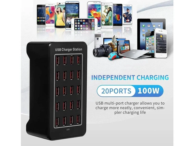 Alt view image 6 of 7 - 20 Ports USB Charger, 100W 20A Desktop USB Charging Station with iSmart Multiple Port, Compatible Smartphones,Tables,and More Devices - Black