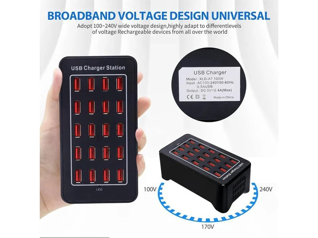 Alt view image 7 of 7 - 20 Ports USB Charger, 100W 20A Desktop USB Charging Station with iSmart Multiple Port, Compatible Smartphones,Tables,and More Devices - Black