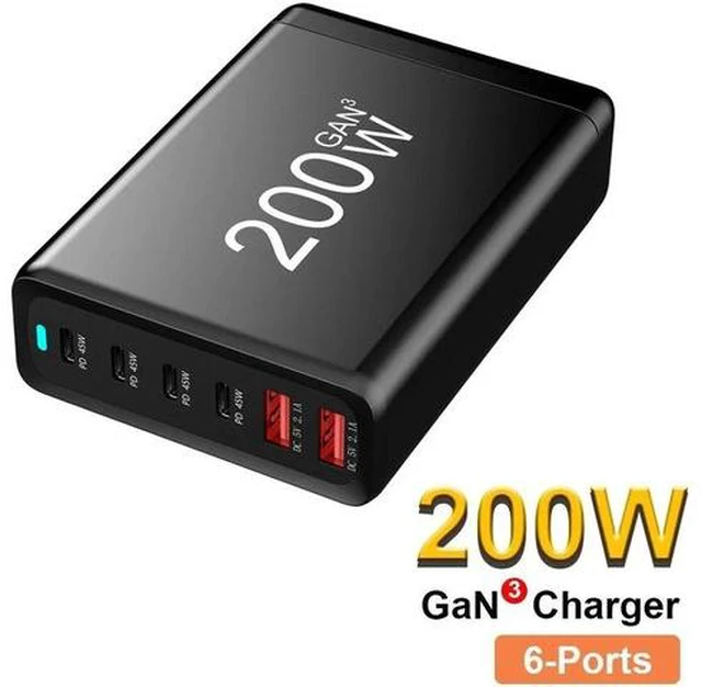 Main image of 6-Prots USB C Charger 200W Portable Charger USB Type-C Charger Compact GaN Fast Charger USB C Fast Charging Block for MacBook Pro/Air, iPad Pro, iPhone 15 14 Pro