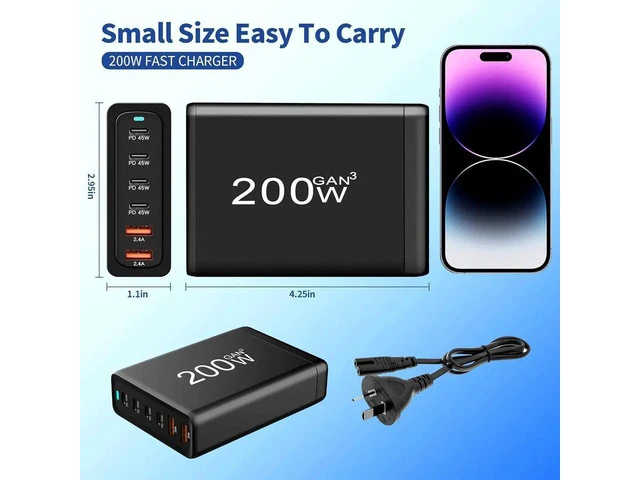 Alt view image 2 of 7 - 200W GaN Fast Charger 6-Port USB Type C Phone Charger Quick Charge 3.0 Power Adapter For iPhone 15 14 13 Xiaomi Samsung Desk Charger - Black