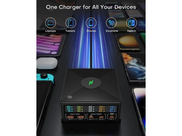 Alt view image 3 of 7 - 160W GaN Multiport USB Fast Charging Station Portable Charger Hub USB C Charger Block with 3 USB C & 2 USB-A QC3.0 and Wireless Charging for Cell Phone, Tablet, Multiple Devices