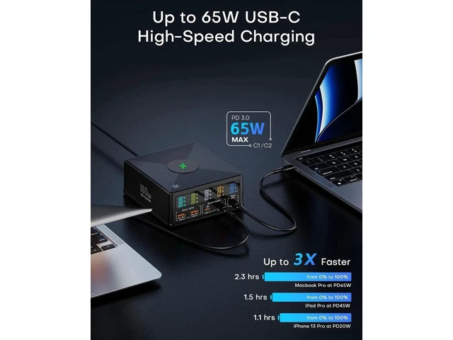 Alt view image 7 of 7 - 160W GaN Multiport USB Fast Charging Station Portable Charger Hub USB C Charger Block with 3 USB C & 2 USB-A QC3.0 and Wireless Charging for Cell Phone, Tablet, Multiple Devices
