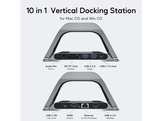 Alt view image 6 of 7 - MacBook Docking Station, USB C Docking Station with Vertical Bracket Compatible with MacBook Pro and Air with 4K HDMI, 3 USB, SD/TF, PD3.0, RJ45 Ethernet, Audio for HP/Dell/Lenovo Laptops