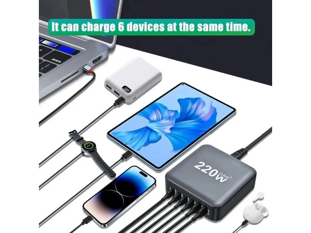 Alt view image 2 of 7 - 220W GaN III Fast Charger 6-Port USB Type C Phone Charger Quick Charge 3.0 Power Adapter, GaN Tech Laptop USB C Power Adapter Block For iPhone 16 15 14 13 Samsung Desk Charger