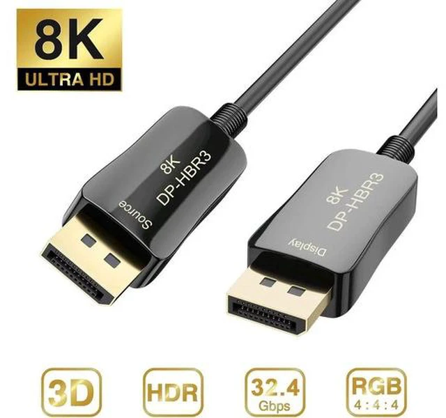Main image of DP Fiber Optic Cable 65ft, Displayport 1.4 Fiber Optic Cable, High Speed 32.4 Gbps Support 8K@60Hz 4K@120Hz, DP1.4 Fiber DP to DP Cable Gold Plated, Black