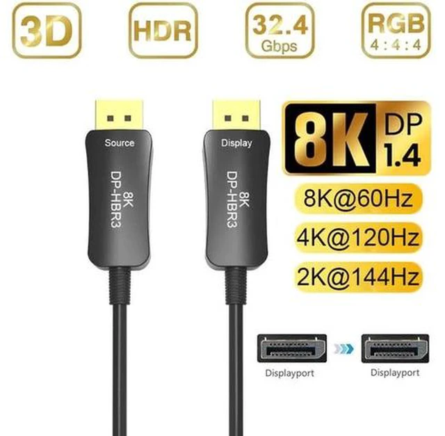 Main image of 8K Fiber DisplayPort Cable 33 feet Light High Speed Support 32.4 Gbps 8K60HZ DP1.4 Slim and Flexible with Optic Technology(In Wall)