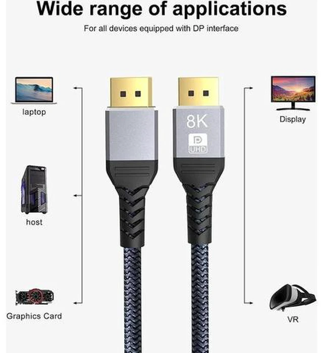 Alt view image 6 of 7 - 8K DisplayPort Cable 3.3ft, 32.4Gbps High Speed DP 1.4 Braided Display Port Cord, 8K 60Hz HDR, 4K/60Hz, 1080p, 3D Compatible for Gaming Monitor Graphics Card TV PC Laptop