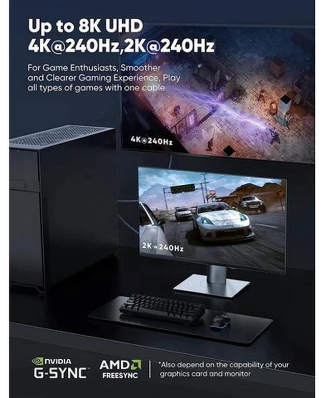 Alt view image 3 of 7 - 8K DisplayPort Cable 3.3ft, 32.4Gbps High Speed DP 1.4 Braided Display Port Cord, 8K 60Hz HDR, 4K/60Hz, 1080p, 3D Compatible for Gaming Monitor Graphics Card TV PC Laptop