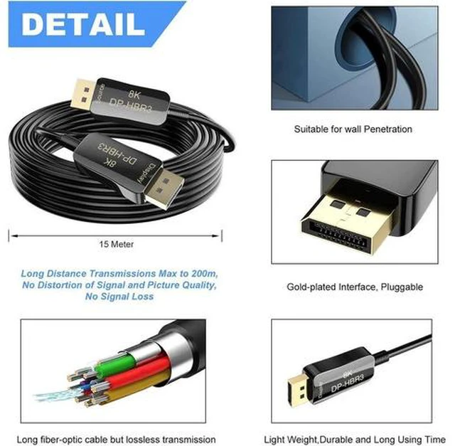 Alt view image 6 of 7 - 8K DisplayPort Cable Ultra HD Gold-Plated DisplayPort 1.4 Male to Male Cable SPCC Shell, Support 7680x4320 Resolution, 8K@60Hz, 4K@144Hz, 32.4Gbps, HDP, HDCP for HDTV Monitor , 20m 65.6ft