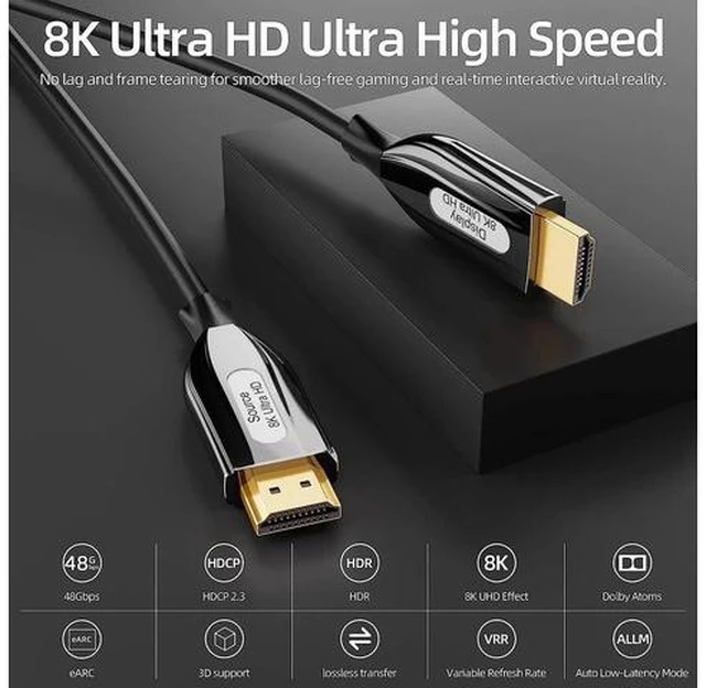 Alt view image 6 of 7 - 8K HDMI 2.1 Fiber Optic Cable 2.1 100FT, 48Gbps Ultra High Speed HDMI Cord (8K@60Hz 7680x4320, 4K@120Hz) HDCP 2.2&2.3, eARC,HDR10, Dynamic HDR, Compatible with Roku TV/HDTV/PS5/Blu-ray
